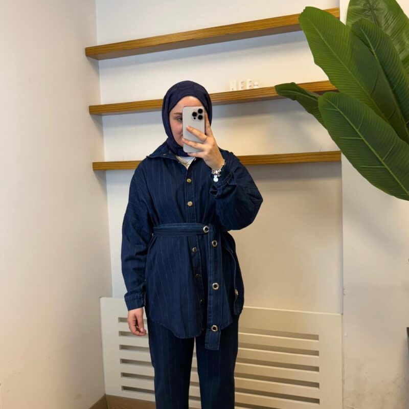 Gold Detaylı Kuşaklı Denim Takım