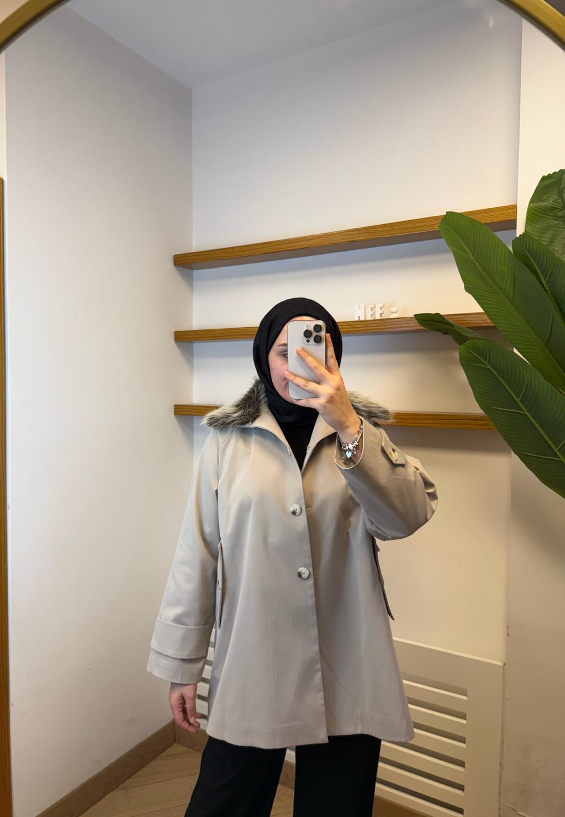 Premium Kürk Yakalı Tirençkot – Bej