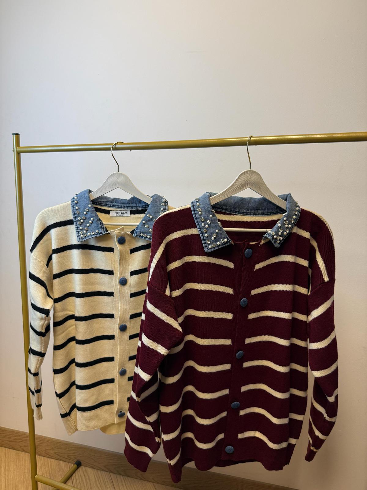 İnci Detaylı Denim Yaka Hırka – Bordo - Görsel 3