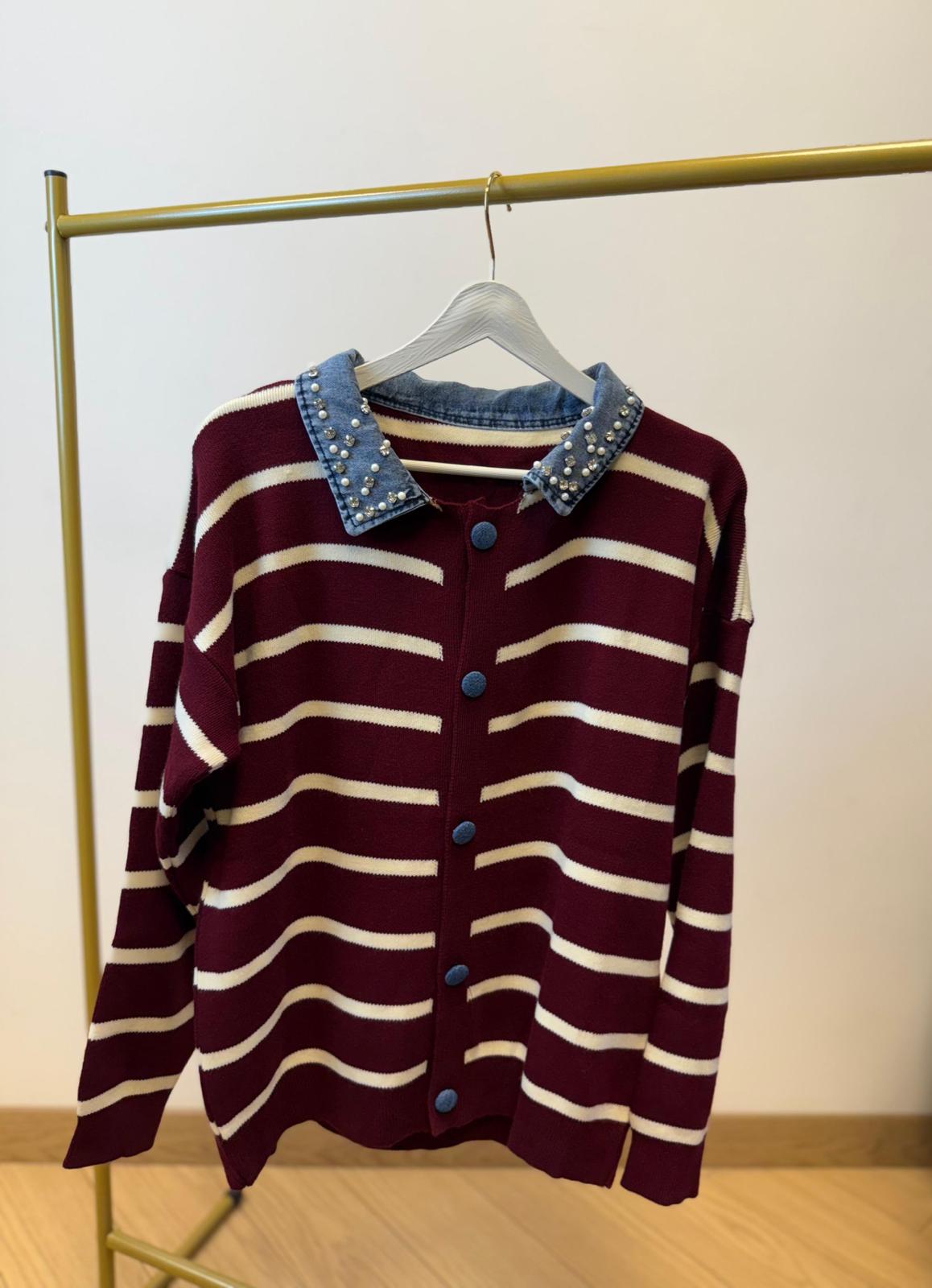 İnci Detaylı Denim Yaka Hırka – Bordo