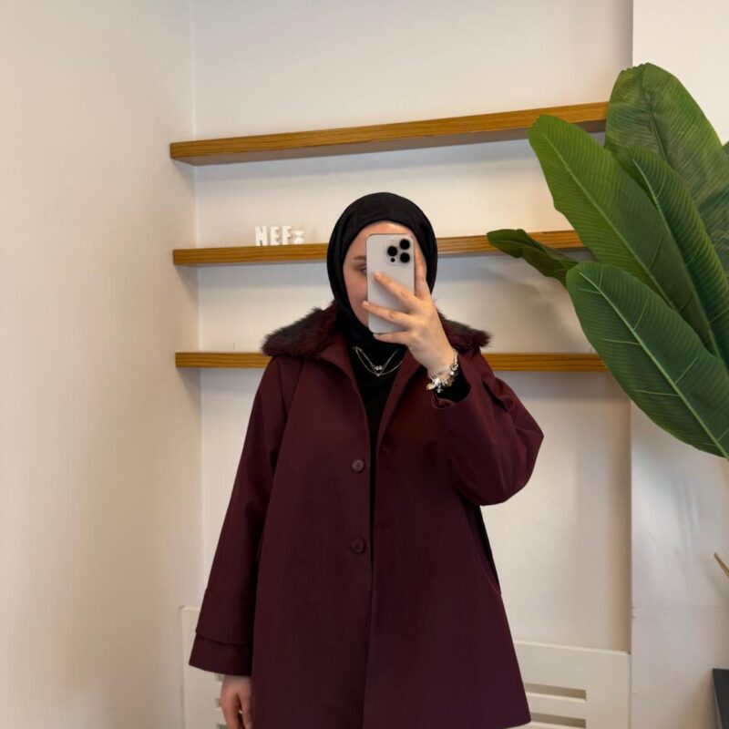 Premium Kürk Yakalı Trençkot – Bordo