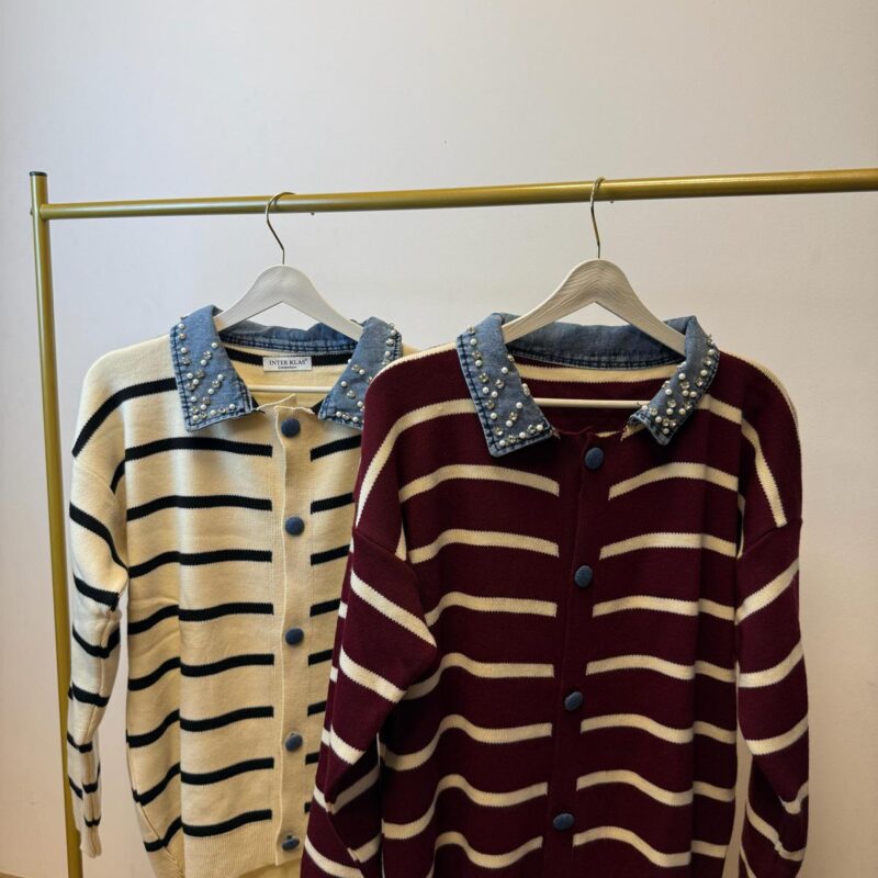 İnci Detaylı Denim Yaka Hırka – Ekru