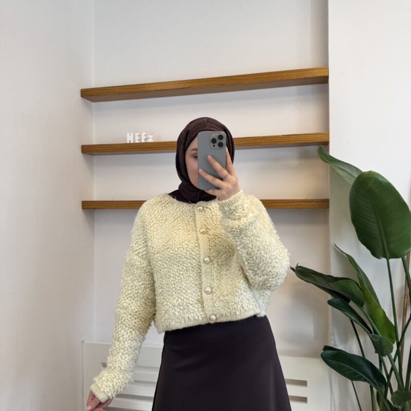 İnci Düğmeli Yünlü Hırka - Açık Sarı