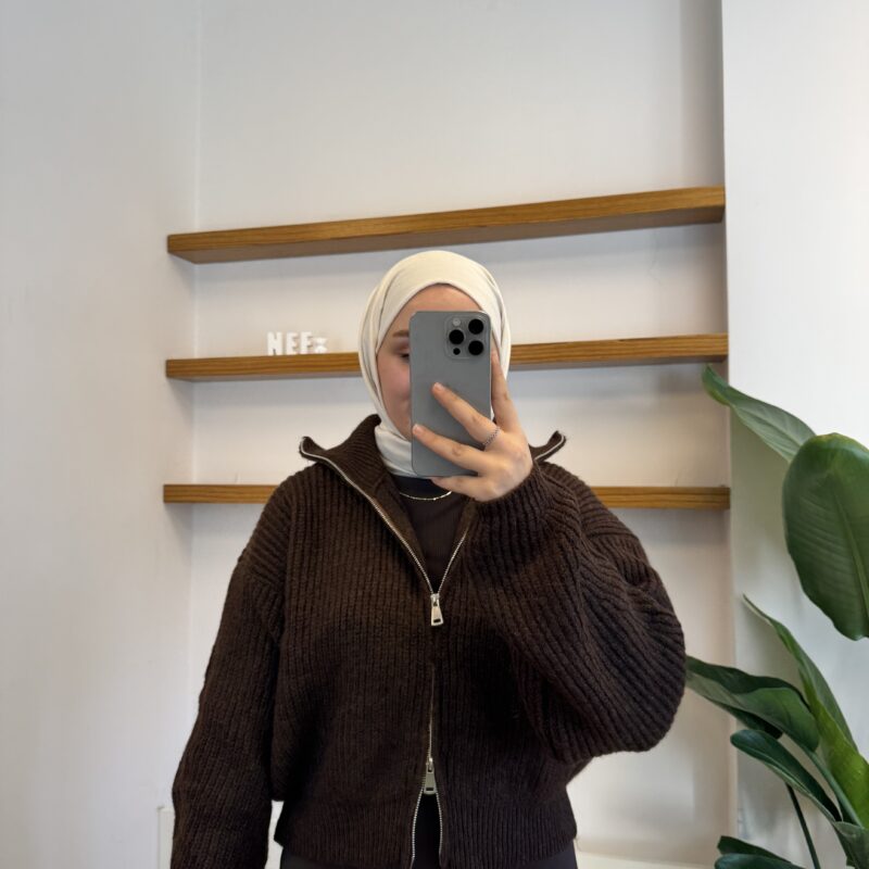 Çift Fermuarlı Oversize Triko Hırka - Kahverengi