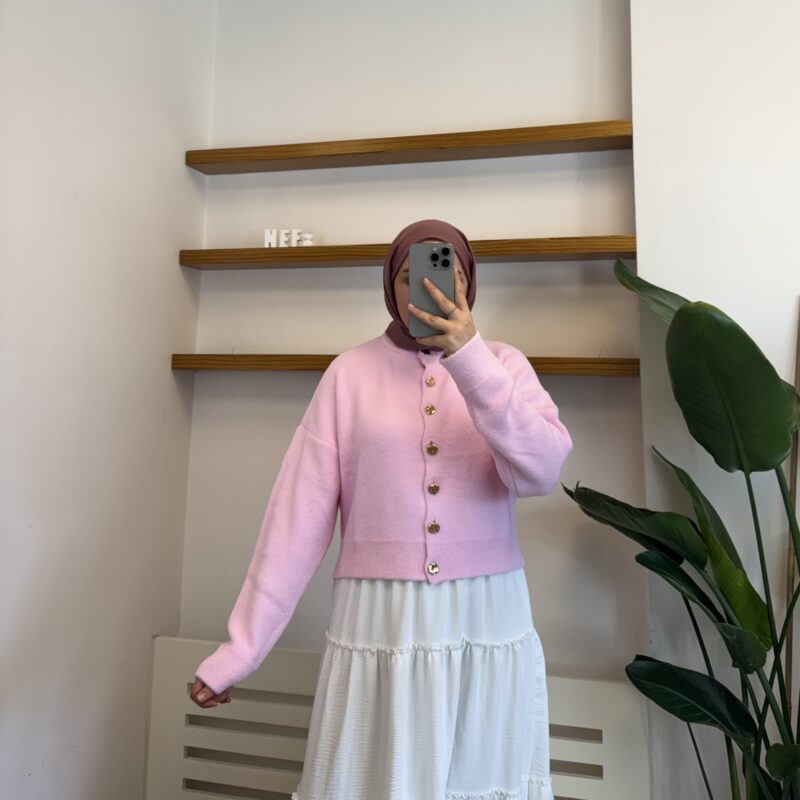 Peluş Dokulu Gold Düğmeli Kısa Hırka - Pembe