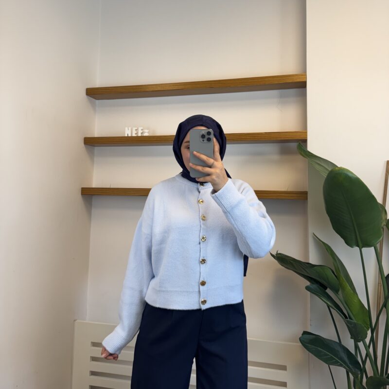 Peluş Gold Düğmeli Kısa Hırka - Mavi